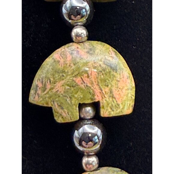 VTG Boho Unakite Stone Bear Pendant Necklace 24" Hematite Beads Southwestern Nat - Picture 4 of 10